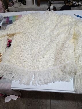 Macy's Cream Fringed Knit Poncho